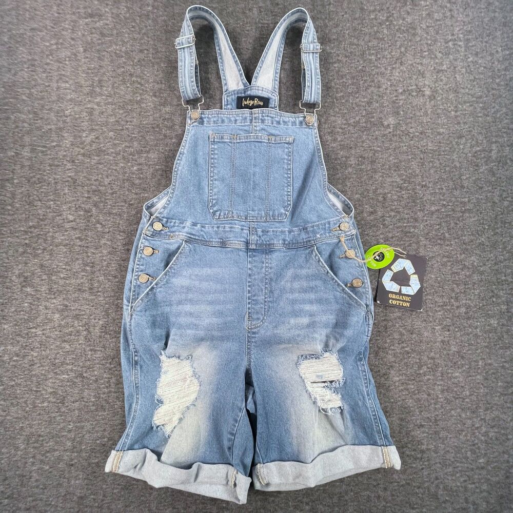 Indigo Rein Distressed Denim Shortalls 11/29 Organic Cotton Blue Overalls Garden